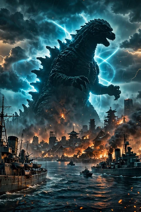Godzilla Minus Zero movie poster: a giant kaiju rising over a burning post-war Tokyo harbor (AI-generated)