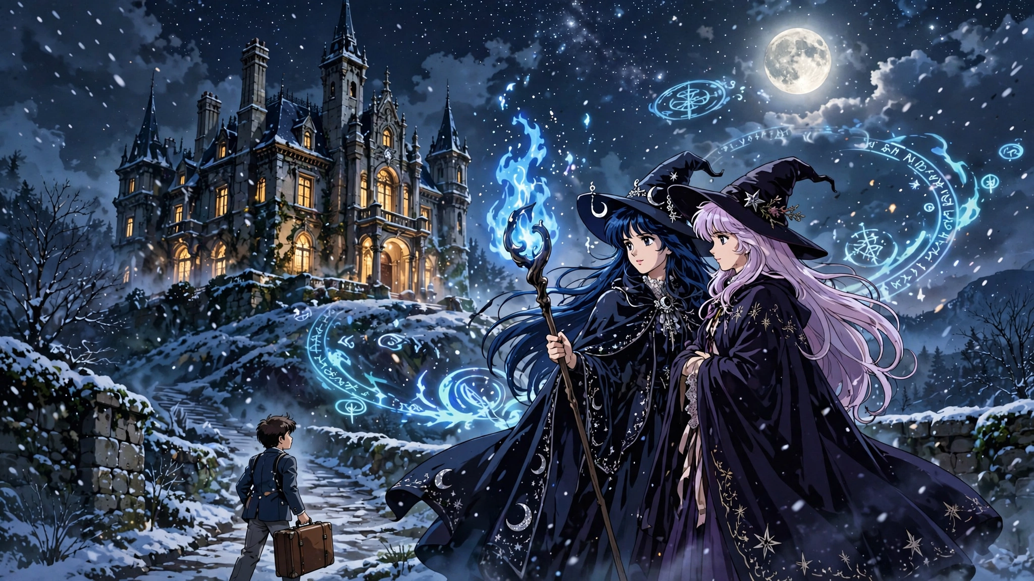 Witch on the Holy Night movie concept art with two witches at a moonlit mansion (AI-generated)